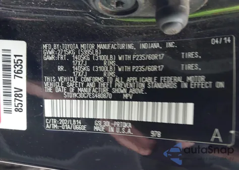 2014 Toyota Sienna Xle V6 8 Passenger from USA, damaged, VIN 5TDYK3DC7ES480870